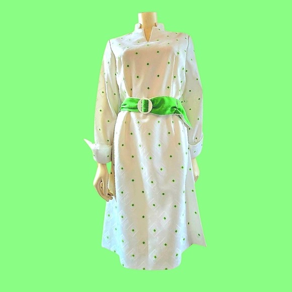 Vintage Mod White & Green Midi Dress Sz 12 W Belt New With‎ Tags - Picture 3 of 16